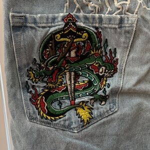 Embroidered Dragon Patch Light Wash Denim Pocket